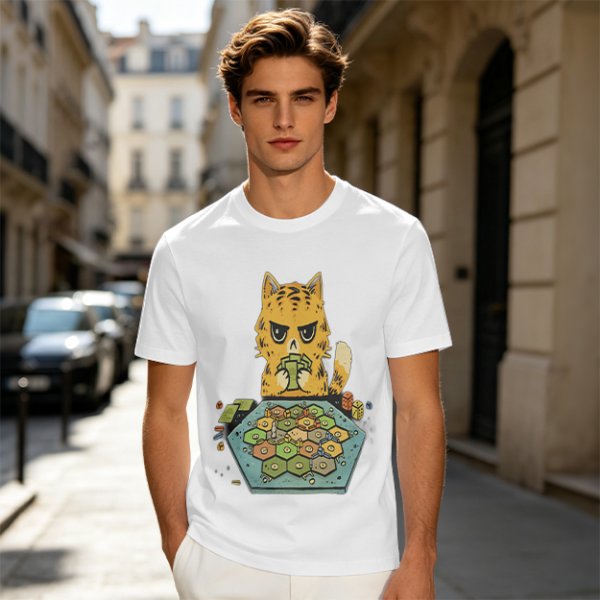 Grumpy Orange Cat Playing Settlers of Catan Board Game T-Shirt