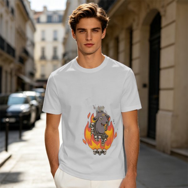 Olive T-Shirt With Cartoon Goat On Flames And Skulls Print