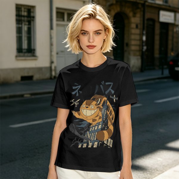 Olive T-shirt with giant cat bus monster and vintage planes graphic