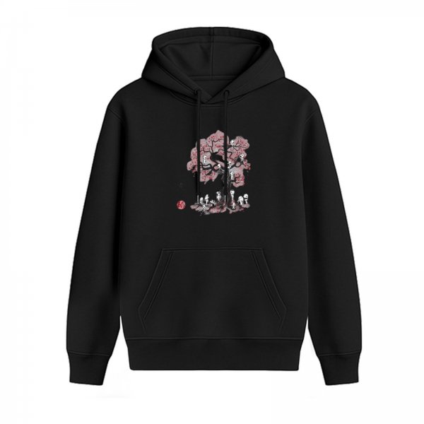 Black hoodie with cherry blossom tree and spirit figures print