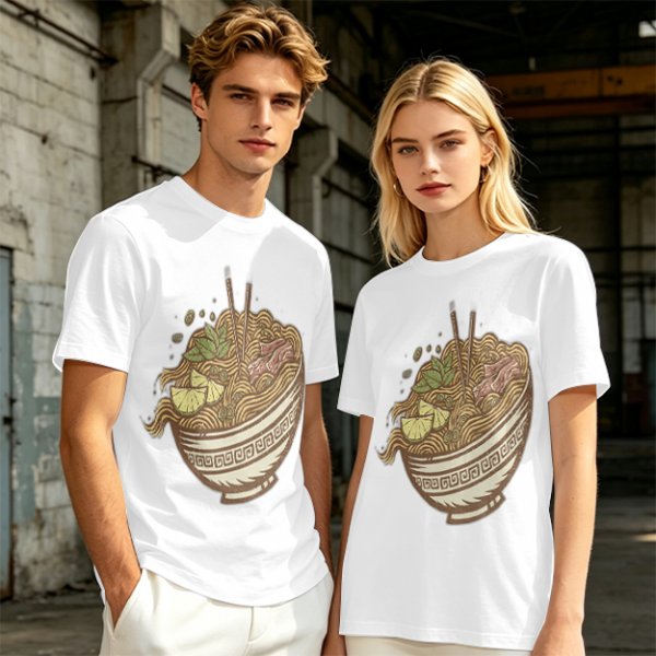 Olive Green T-Shirt With Illustrated Noodle Bowl Print