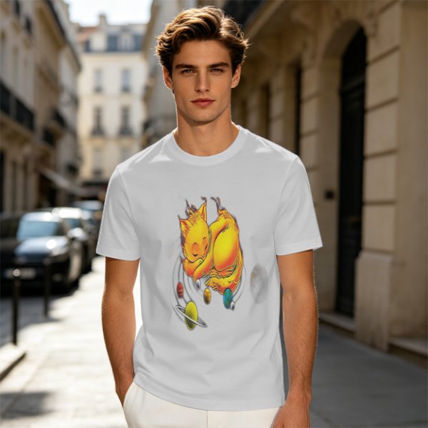 Olive T-Shirt With Sleeping Cosmic Cat And Planets Graphic