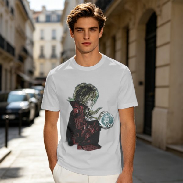 Olive Green T-Shirt With Goblin King Holding Crystal Ball Art