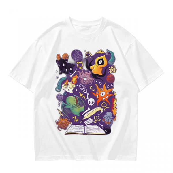 Olive T-Shirt With Cute Occult Monster And Spell Book Print