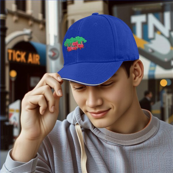 Black baseball cap with apple orchard graphic print