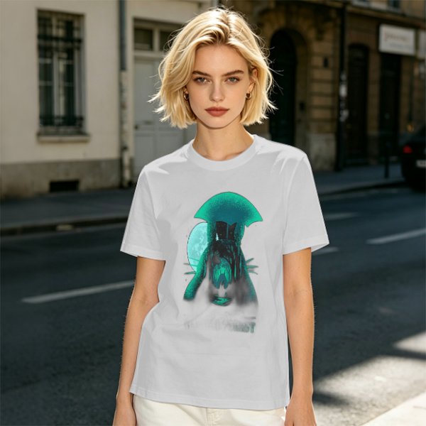 Olive T-Shirt With Glowing Teal Mushroom Creature And Moon Print