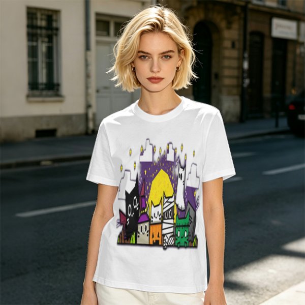 Olive T-Shirt With Halloween Themed Cute Cat Characters Print