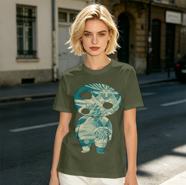 Olive T-Shirt With Fantasy Forest Spirit Graphic Print