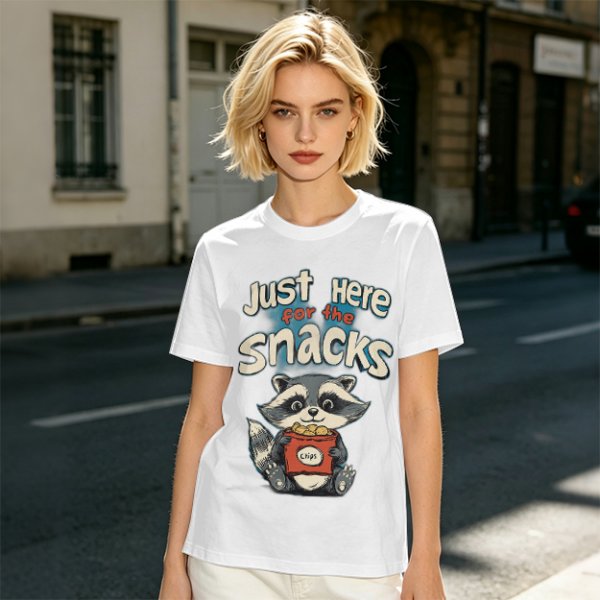 Olive green t-shirt with 'Just Here for the Snacks' and raccoon graphic