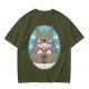 Olive Green T-Shirt with Totoro Holding Piranha Plant Print