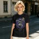 Olive T-shirt with dark anime elf mage holding staff and purple magic circle print