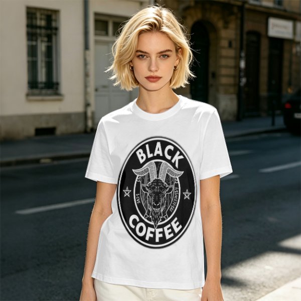 Olive green t-shirt with black goat head and Black Coffee graphic