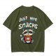 Olive green t-shirt with 'Just Here for the Snacks' and raccoon graphic