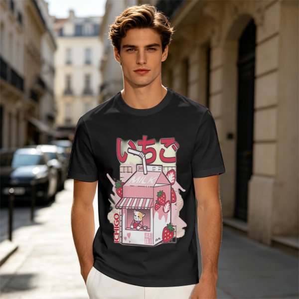 Olive T-Shirt with Strawberry Milk Carton Cat Shop Graphic