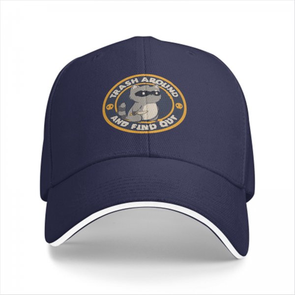 Black baseball cap with raccoon trash around and find out graphic
