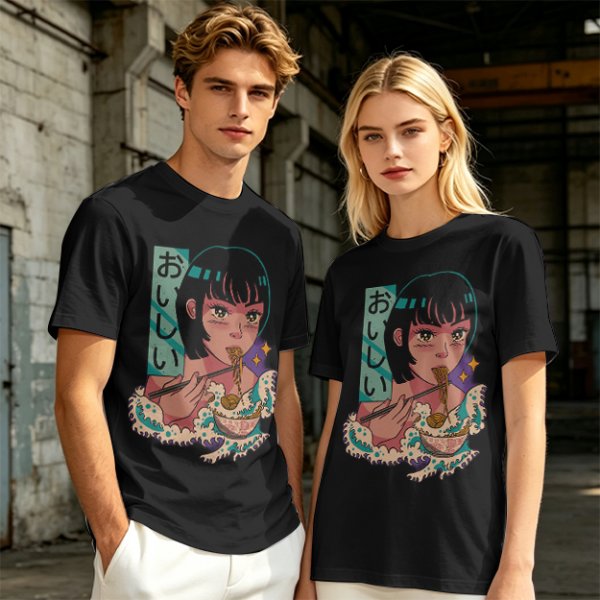 Olive anime graphic t-shirt with girl eating ramen and Japanese text