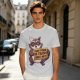 Olive t-shirt with a raccoon holding a fast food trash sign