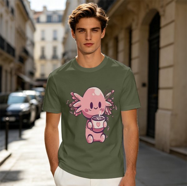 Olive T-Shirt With Cute Axolotl Holding Hot Drink Print