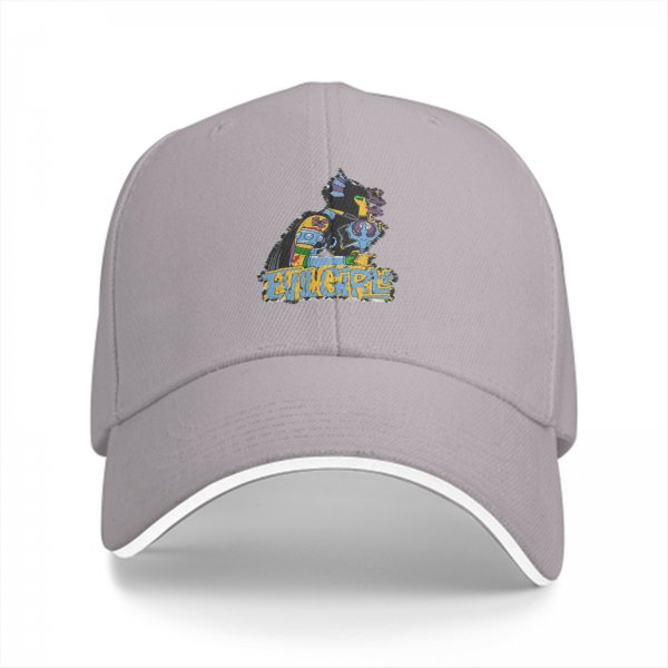 Black baseball cap with colorful cat graphic and Evil Girls text