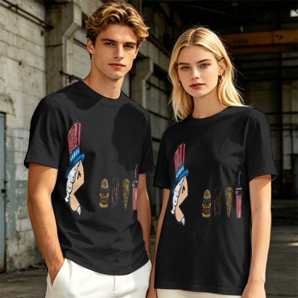 Olive T-Shirt With Uncle Sam Hat And Fast Food Graphic Print