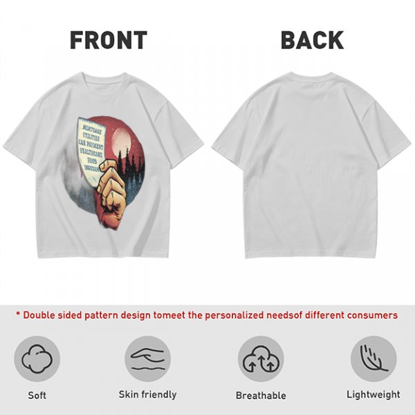 Olive T-Shirt With Hand Holding Bill Of Monthly Expenses Art