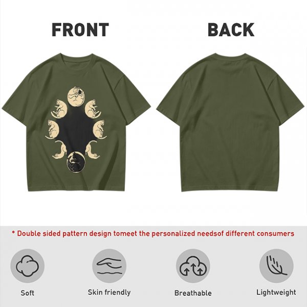 Olive T-Shirt With Cat Phases Moon Cycle Graphic Print