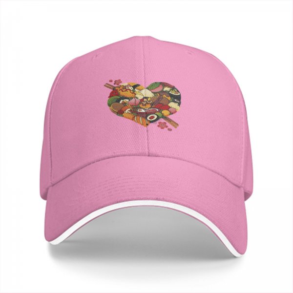 Black baseball cap with heart shaped food print design