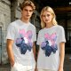 Olive T-Shirt with Sakura Flower and Whimsical Forest Creature Print