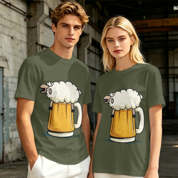 Olive Green T-Shirt With Funny Sheep Beer Mug Graphic