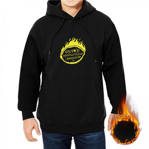 Black hoodie with Dave's Combustible Lemonade flame graphic