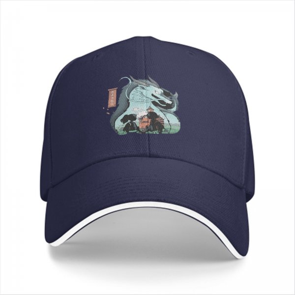 Black baseball cap with dragon and anime character graphic print
