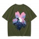 Olive T-Shirt with Sakura Flower and Whimsical Forest Creature Print