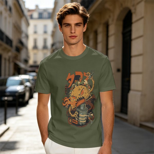 Olive T-shirt with Monster Burger and Japanese Graphic Print