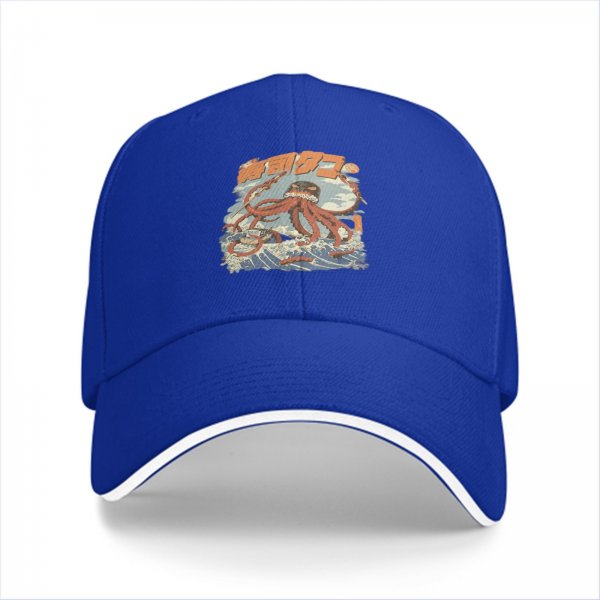 Black baseball cap with giant octopus attacking ocean waves graphic