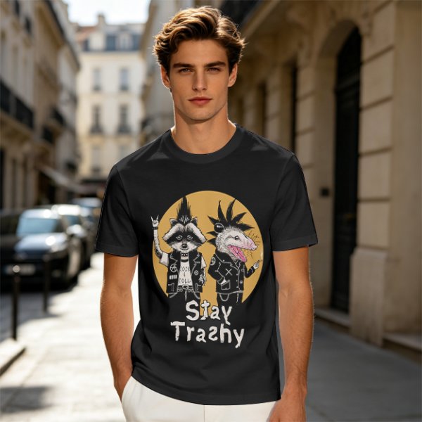 Olive graphic tee with punk raccoon and opossum 'Stay Trashy' print