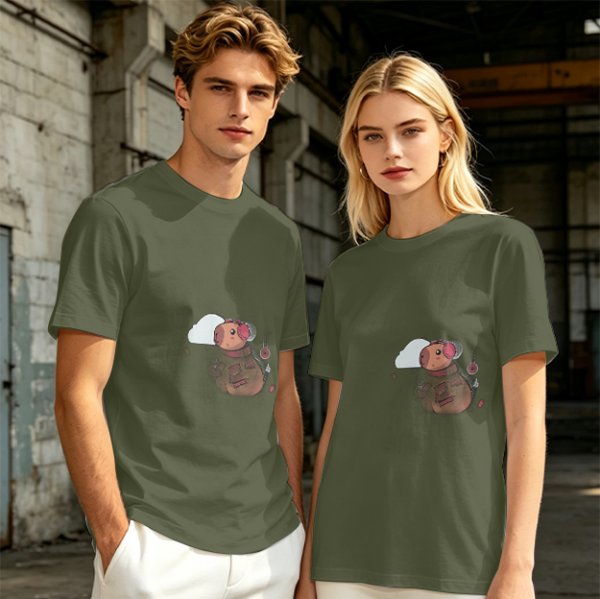 Olive Green T-Shirt With Cute Cartoon Pig Print