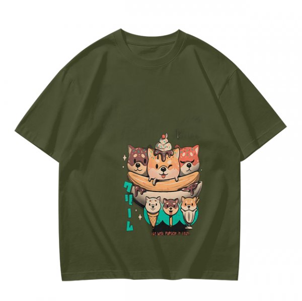 Olive green t-shirt with cute shiba inu ice cream graphic