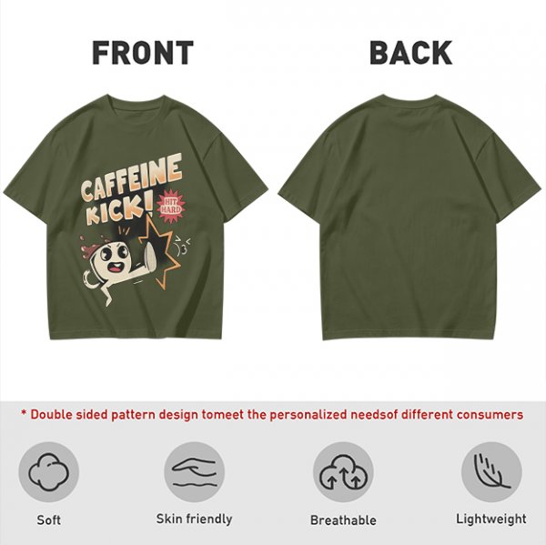 Olive graphic tee with caffeine kick cartoon coffee cup design