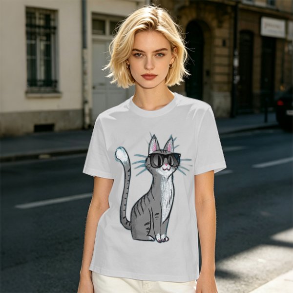 Olive T-Shirt With Cool Gray Cat Wearing Sunglasses Print