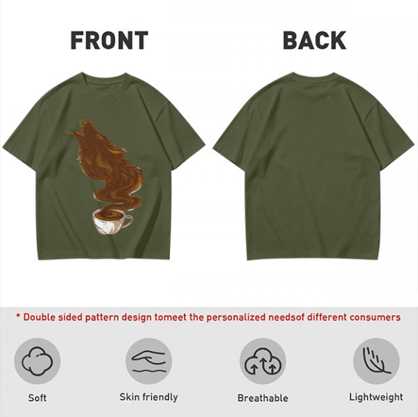 Olive T-Shirt With Coffee Wolf Steam Graphic Print