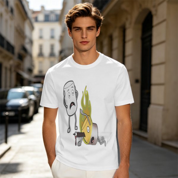 Olive T-Shirt With Cartoon Marshmallow and Burning Character Print