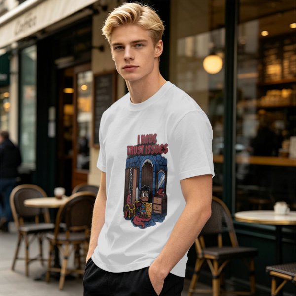 Olive t-shirt with 'I Have Trust Issues' chibi knight graphic