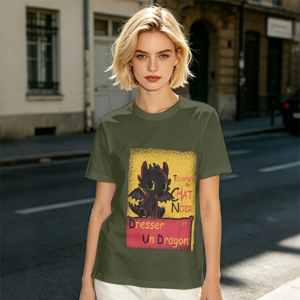 Olive t-shirt featuring Toothless dragon and Chat Noir themed text