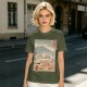 Olive t-shirt with ukiyo-e style ramen cat and Mount Fuji print