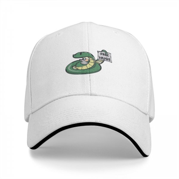 Black baseball cap with a snake holding a FREE HUGS sign and a mouse