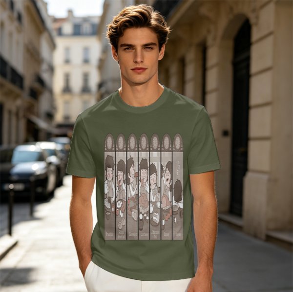 Olive Green T-Shirt with Cartoon Medieval Tavern Scene Print