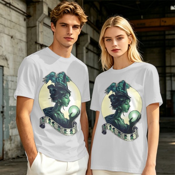 Olive Witch Graphic T-Shirt With Winged Monkey And Crystal Ball