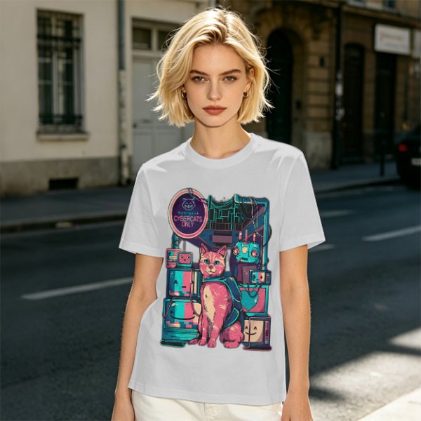 Olive T-Shirt with Cyberpunk Pink Cat and Robotic Tech Print