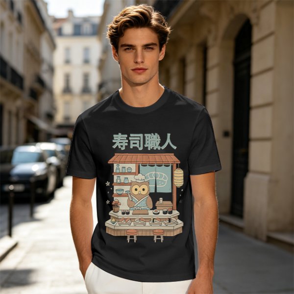 Owl sushi chef at Japanese sushi shop graphic t-shirt