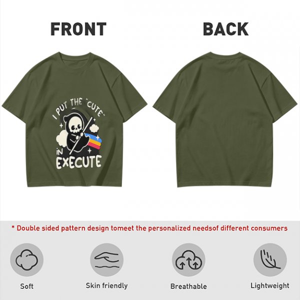 Olive t-shirt with cute grim reaper 'I put the cute in execute' print